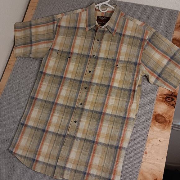 Vtg Walls Ranch Wear Western Shirt L Tan/Orange Plaid Pearl Snap Short Sleeve - Picture 3 of 15